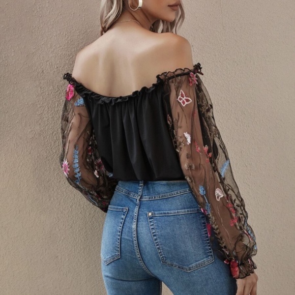 Boho Black Floral embroidered off shoulder Top - Picture 6 of 8
